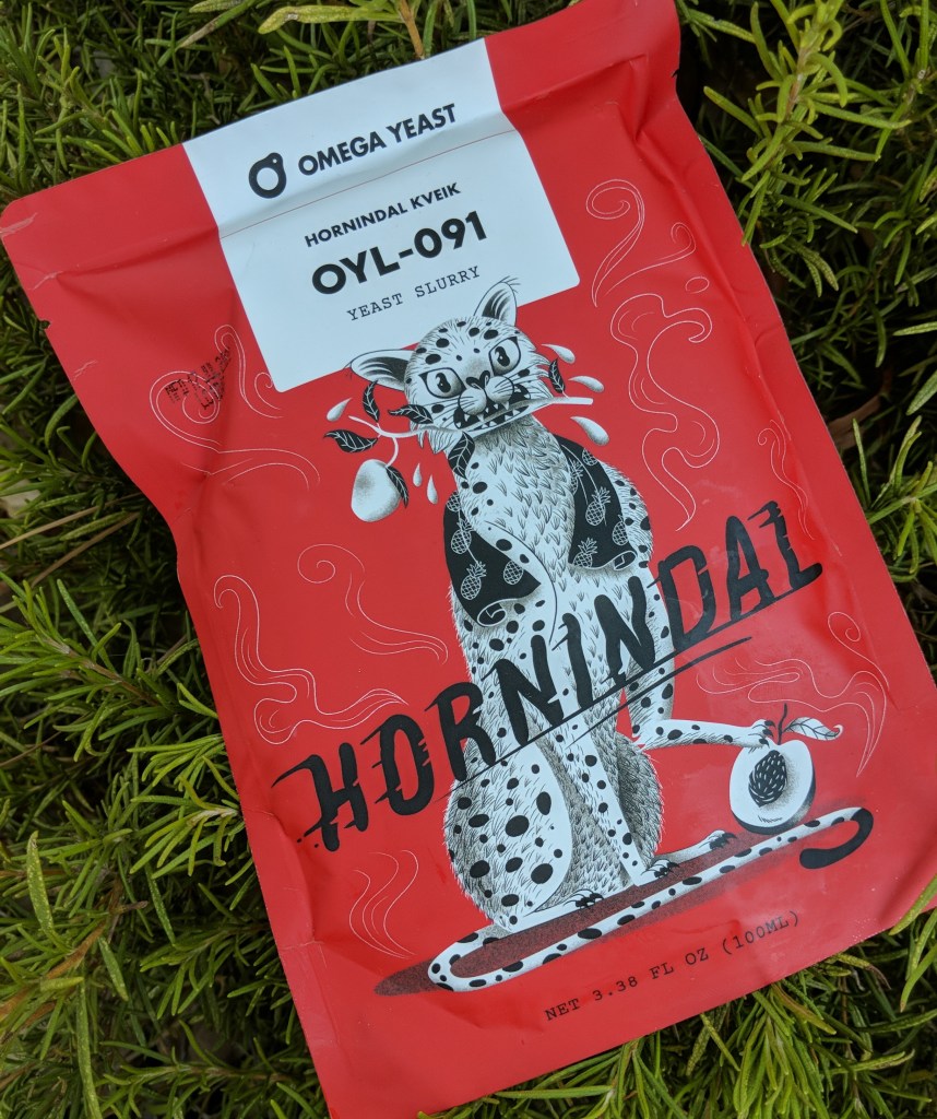 red package of yeast from Omega Yeast, Hornindal Kveik strain, with cartoon of cat on front