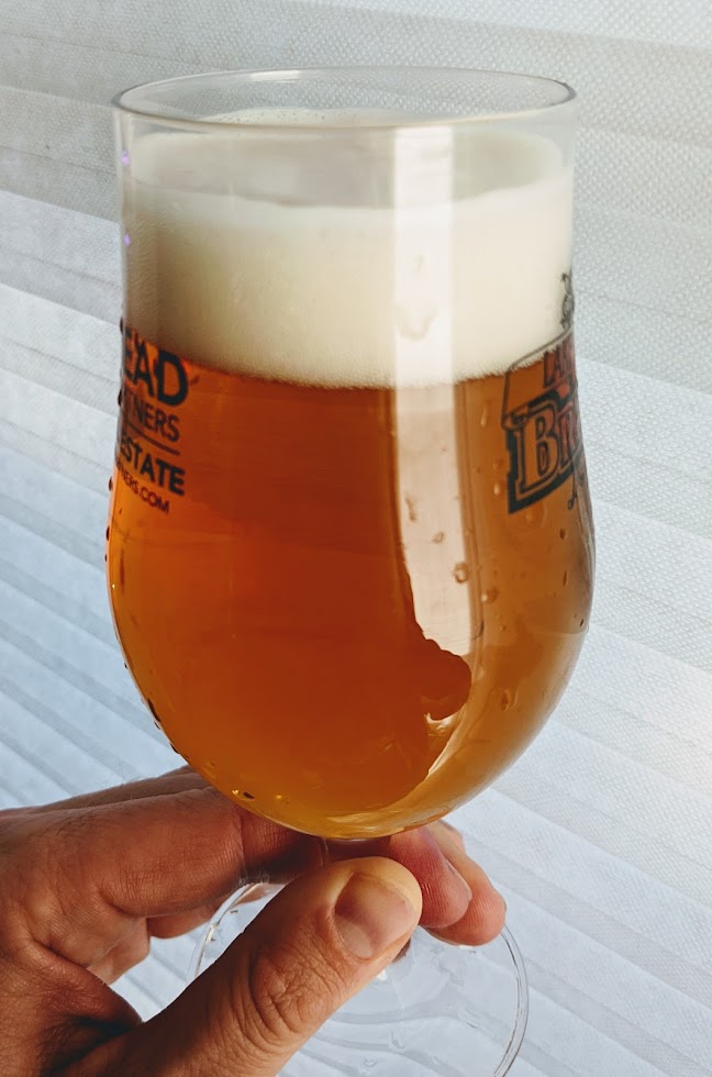 orange-gold beer with off-white head, held in tall tulip glass