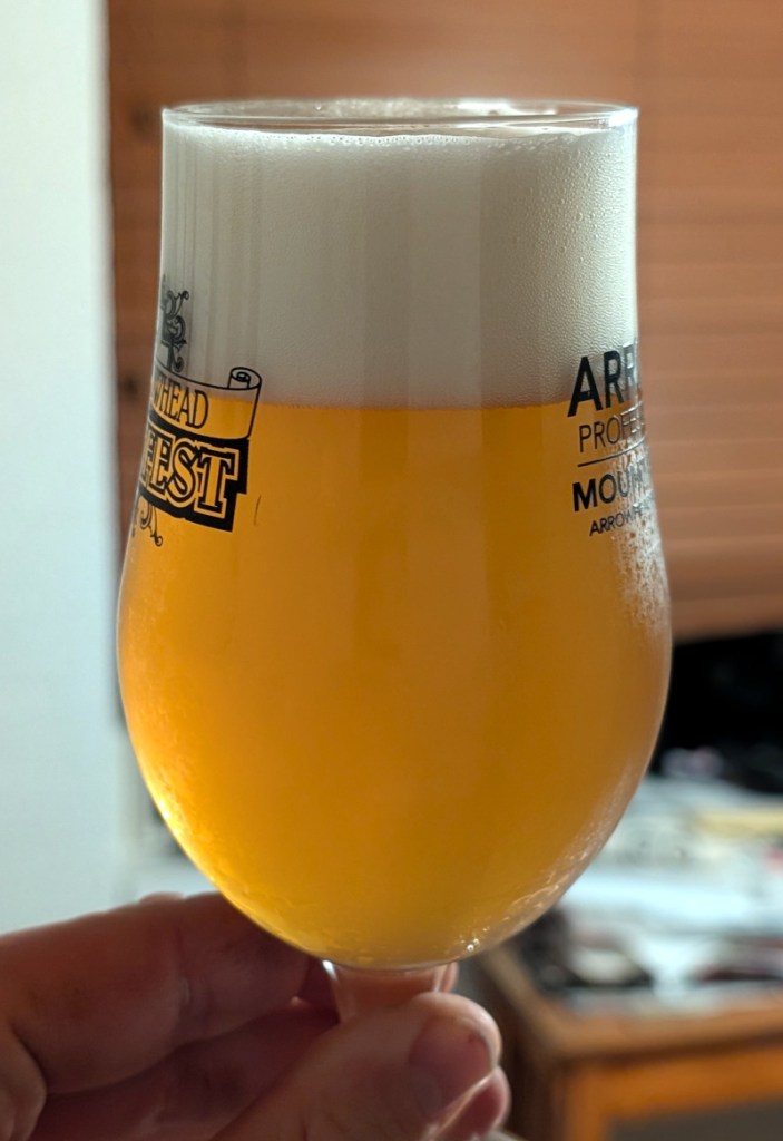 golden slightly hazy beer with tall white head held in tulip-style glass