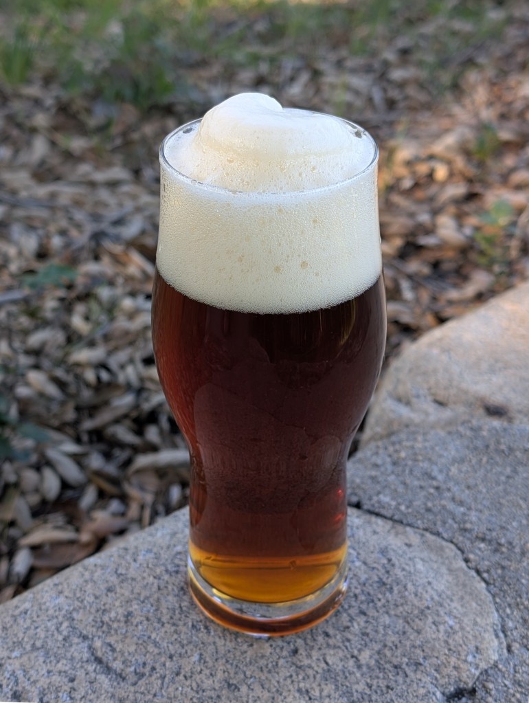 A glass of reddish amber beer with a foamy ivory-colored head, sitting on a stone surface surrounded by leaves.