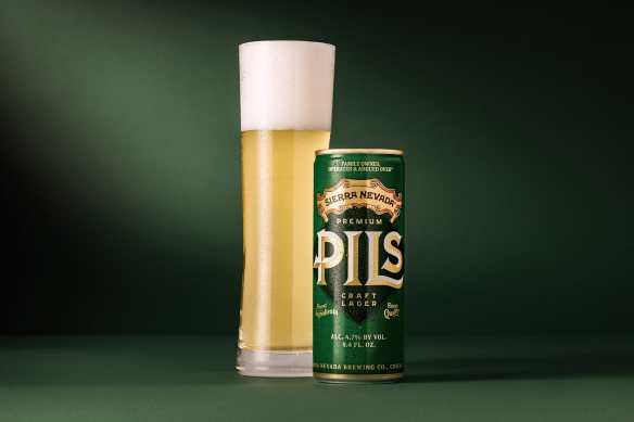 glass of light gold pilsner in a tall cylindrical glass, next to a cylindrical can, on a black background